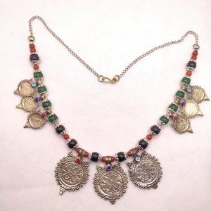 Vintage Coins With Beaded Chain Choker Necklace, Tribal Coins Choker Necklace,